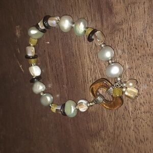 Elegant Real  Pearl and Bead Gold Tone Stretchy Bracelet